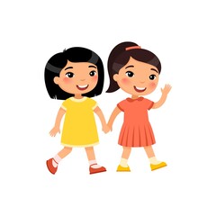 Two little asian girls go holding hand, cartoon characters. Smiling kids isolated on white background. Friendship concept. Vector illustration.