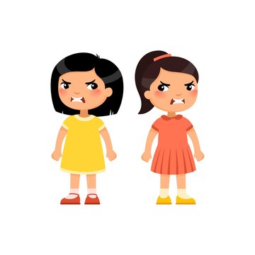 Angry little girls flat vector illustration. Furious asian children quarrel, aggressive kids arguing cartoon characters. Kids with mad face expression isolated on white background