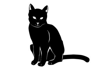 Black and white silhouette of a sitting cat on a white background. Flat vector.