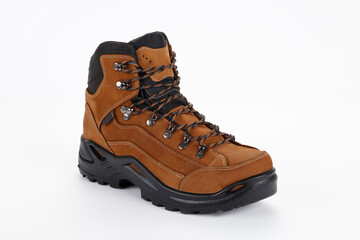 brown hiking boots on white background