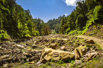 View enroute to Prashar Lake trekk trail through river bed. It is located at a height of 2730 m above sea level surrounded by lesser himalayas peaks near Mandi, Himachal Pradesh, India.