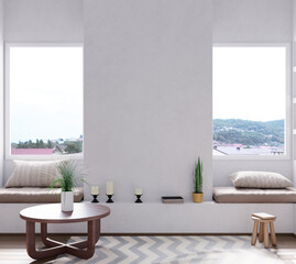 Wall mock up in living room. Scandinavian interior. 3d rendering, 3d illustration