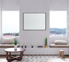 Mock up poster frame in interior background, living room. 3d render. 3D illustration.