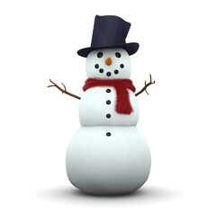 3d illustrated snowman with black hat and red scarf on white background.