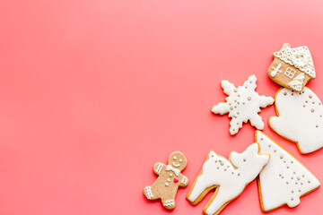 Flat lay of icing gingerbread cookies, top view
