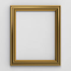 Empty golden photo frame isolated on pure white background. 3D illustration.