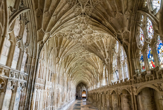 GLOCESTER, UK - OCT 5, 2019: The Cloisters in Gloucester Cathedral, they are the most elegant of its kind in England and have been used as a location for Harry Potter movies.
