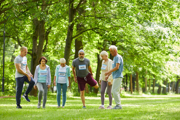 Long shot of active seniors taking part in summer marathon race standing together somewhere in park doing stretching exercise
