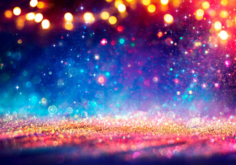 Abstract Defocused Christmas Background - Shiny Golden Glitter With Blurred Lights On Blue...