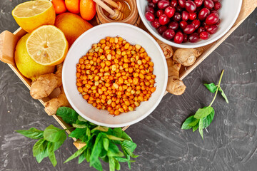 Trendy Virus protection food, coronavirus, immunity concept.
