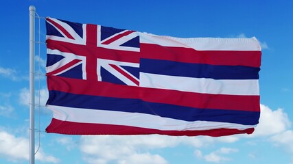 Hawaii flag on a flagpole waving in the wind, blue sky background. 3d rendering