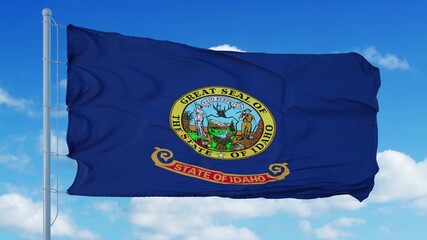 Idaho flag on a flagpole waving in the wind, blue sky background. 3d rendering