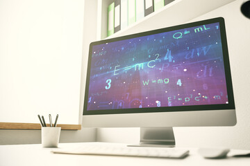 Fototapeta premium Creative scientific formula hologram on modern laptop monitor, research concept. 3D Rendering