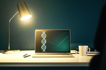 Creative DNA sketch on modern laptop monitor, biotechnology and genetic concept. 3D Rendering