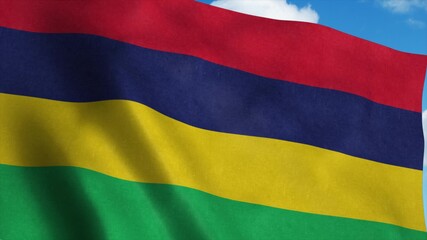 Mauritius flag on a flagpole waving in the wind, blue sky background. 3d rendering