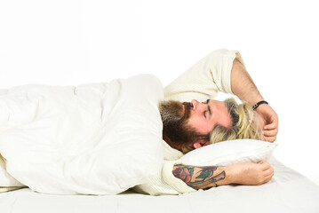 Practice relaxing bedtime ritual. Man with sleepy face lay on pillow. Fast asleep concept. Man with beard relaxing. Hipster with beard fall asleep. Having nap. Sweet dreams. Good night. Mental health