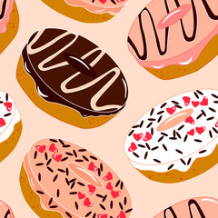 Seamless pattern with vector donuts isolated on light pink background. Wallpaper, textile, template, fabric, cover, paper, banner.
