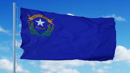Nevada flag on a flagpole waving in the wind, blue sky background. 3d rendering