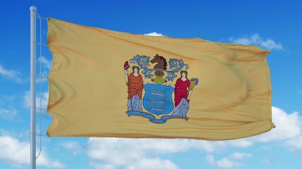 New Jersey flag on a flagpole waving in the wind, blue sky background. 3d rendering