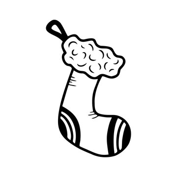 Hand drawn christmas sock for gifts isolated on a white background. Holiday elements. Doodle, simple outline illustration. It can be used for decoration of textile, paper.