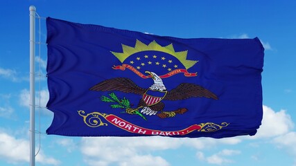 North Dakota flag on a flagpole waving in the wind, blue sky background. 3d rendering