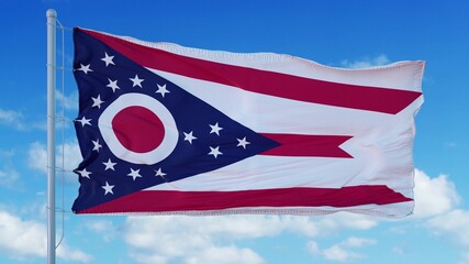 Ohio flag on a flagpole waving in the wind, blue sky background. 3d rendering