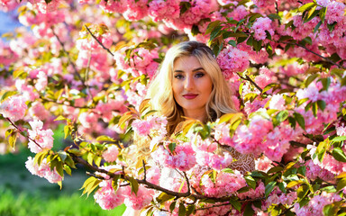 Fototapeta premium Tenderness and femininity. Cherry tree. Floral aroma. Reasons why flowers make women happy. Rest relax and vacation. Spring blossom. Happy spring day. Spring symbol. Girl enjoy sakura in garden