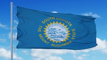 South Dakota flag on a flagpole waving in the wind, blue sky background. 3d rendering