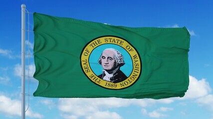 Washington State flag on a flagpole waving in the wind, blue sky background. 3d rendering