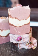 Home made soap ,made from vegetable oils, decorated with dry roses