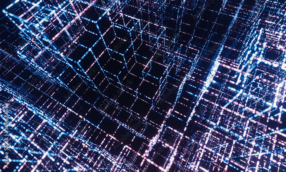 Poster 3D Rendering of abstract technology background. Wireframe block geometry with glowing led light and depth of field effect. For machine learning, big data, blockchain concept