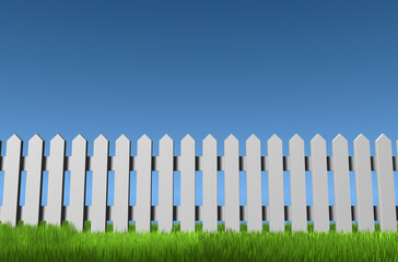 Fototapeta premium White painted wooden fence against a clear blue sky. 3D illustration.