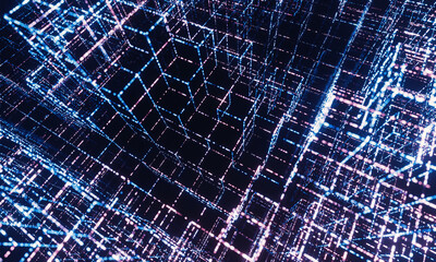 3D Rendering of abstract technology background. Wireframe block geometry with glowing led light and depth of field effect. For machine learning, big data, blockchain concept