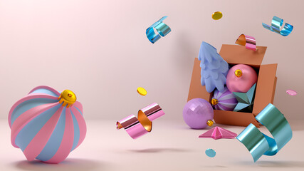 Opened cardboard box with falling out Christmas balls, stars and confetti on a light pink background. 3d illustration. Render. Template for a greeting card, banner, for the New Year and Christmas