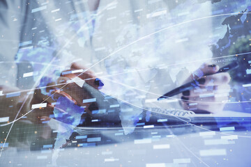 Multi exposure of hands making notes with digital coding icons. Computer learning concept.