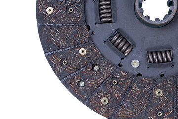 Close-up image of a car part, brown clutch disc isolated on a white background.