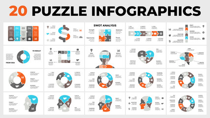 Fototapeta na wymiar 20 Puzzle Infographic templates for your presentation. Includes elements from diagrams or timelines to banners and creative symbols.