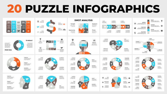 20 Puzzle Infographic templates for your presentation. Includes elements from diagrams or timelines to banners and creative symbols.