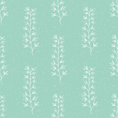 Wild meadow grass seamless vector pattern background. White line art long vertical foliage stems on light teal backdrop. Scribble style hand drawn botanical design. All over print for wellbeing