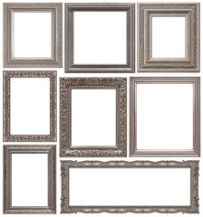 Set of silver frames for paintings, mirrors or photo isolated on white background