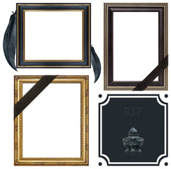 Set of frames with black mourning ribbon for paintings, mirrors or photo isolated on white...