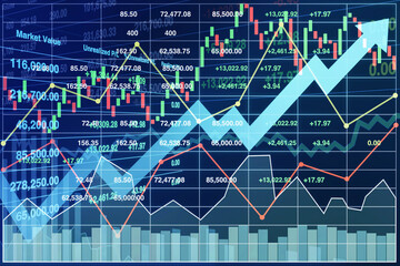 Abstract illustration image of business analysis with graph chart number data and candlesticks for presentation and report background.