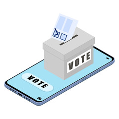 Voting concept. Smartphone with VOTE button and ballot box, isometric design. 3D rendering. Vector illustration isolated on white background.