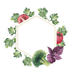 Watercolor hexagonal frame with tomatoes, broccoli, Basil and parsley on a white background. Place your text in the center.