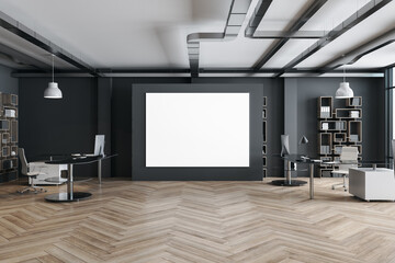 Coworking office interior with empty banner on wall