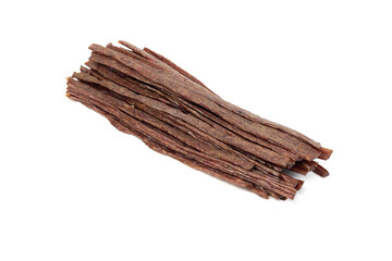 Dried beef meat sliced on stick, beer snack isolated on white background