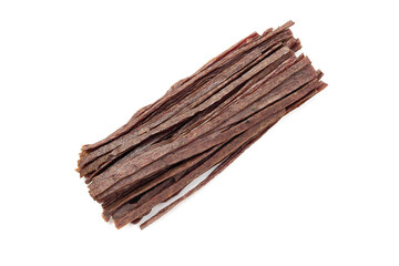 Dried beef meat sliced on stick, beer snack isolated on white background