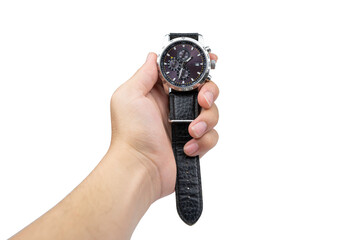 The man hand holding a classic watch against a white background.