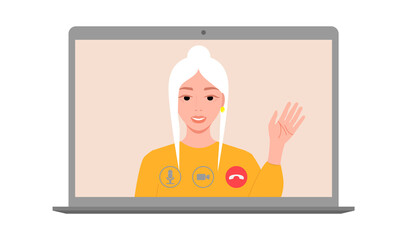 Smiling woman using a video call interface. Working from home, remote online meeting. Quarantine and social distancing. Vector illustration.