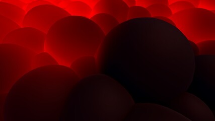 Abstract background of black spheres glowing red light 3d illustration